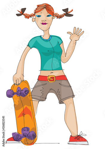 red head hipster girl with long board skateboard in his hand.