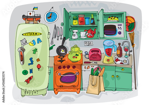 A kitchen full of stuff - cartoon