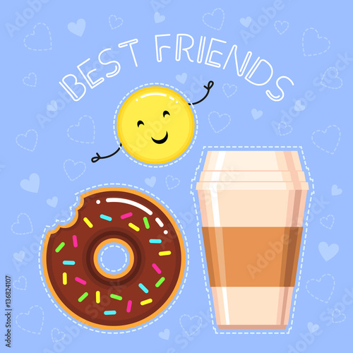 vector illustration of donut with chocolate glaze, coffee cup, smiling yellow emoji and text "best friends" on blue background with hearts