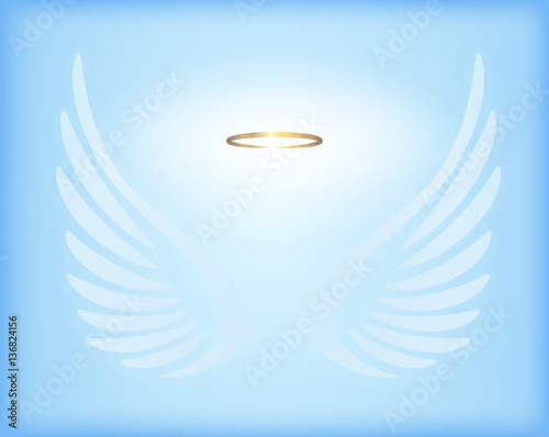 Transparent white angel wings with gold nimbus on sky blue backg