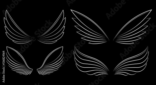 Set of four pairs outlined stroke vector wings on a black backgr