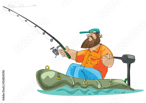 bearded fisher man with spoon-bait sitting in inflatable boat - cartoon