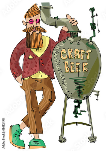 Craft beer vendor. Bearded hipster trades with self made original beer. Food and beer festival.