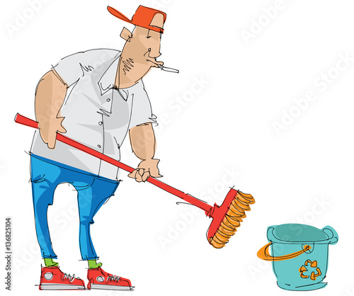Hotel service staff is cleaning floor with mop and bucket. Cartoon