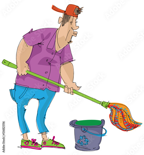 Hotel service staff is cleaning floor with mop and bucket. Cartoon