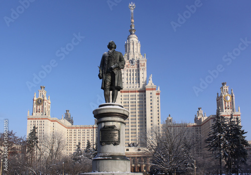 Moscow. The main Building of the Moscow State University and monument to Mikhail Lomonosov photo