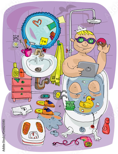 Young man sitting in a bath surrounded different stuff.