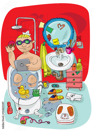 Young lady sitting in a bath surrounded different stuff.
