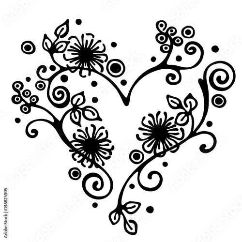 Vector hand drawn illustration, decorative ornamental stylized heart in shape of tree with branch, flowers, leaves, dots. Black and white isolated graphic outline illustration Line drawing silhouette.