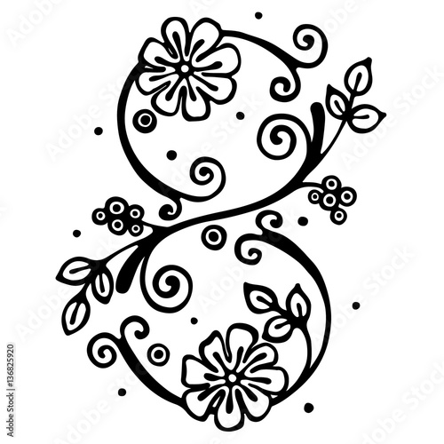 Vector hand drawn illustration  decorative stylized number eight in shape of tree with branch  flowers leaves Black and white isolated graphic outline illustration for 8 March. Line drawing silhouette