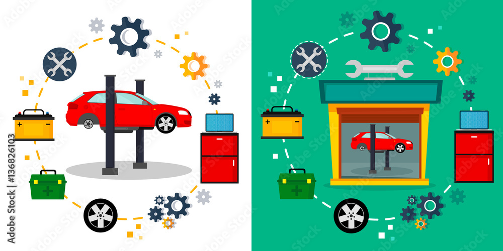Set of web banners. Car service. Mechanic service concept, isolated on white background. Vector illustration. Set of web banners. Car service. Mechanic service concept, isolated on white background. Vector illustration.