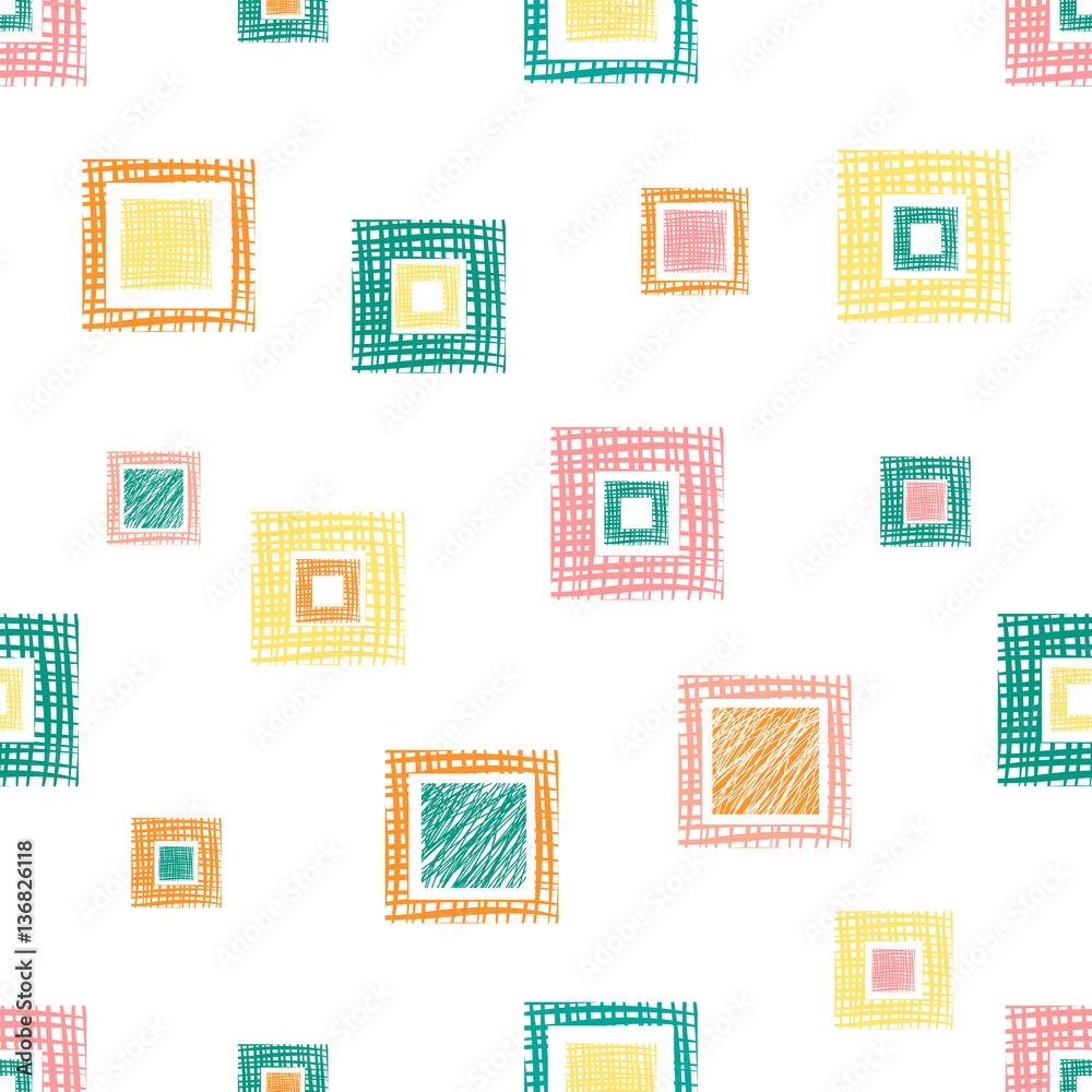 Seamless vector geometrical pattern with rhombus, squares, rectangles endless background with hand drawn textured geometric figures. Pastel Graphic illustration Template for wrapping, web backgrounds