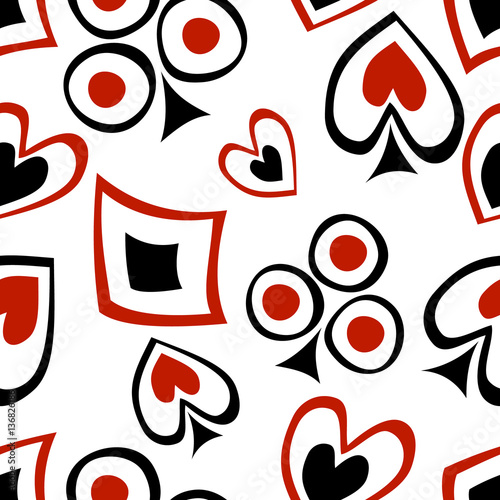 Seamless vector pattern with icons of playings cards. background with hand drawn symbols. Decorative repeat ornament. Series of Gaming and Gambling Seamless vector Patterns.