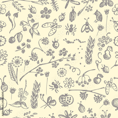 Fototapeta Naklejka Na Ścianę i Meble -  Seamless vector pattern, background with hand drawn cute insects, animals, fruits, flowers, leaves, decorative elements Hand sketch line drawing. doodle style Series of Hand Drawn seamless Patterns.