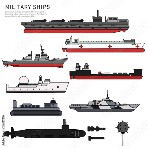 Military ships, warship and battleship on white