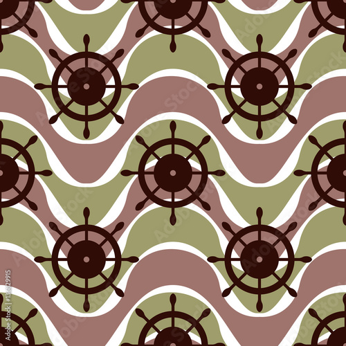 Vector seamless pattern with steering wheel. Symmetrical background, nautical theme. Graphic illustration.Template for wrapping, backgrounds, fabric, prints, decor, surface