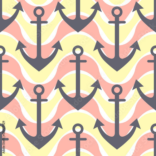 Vector seamless pattern with anchor. Symmetrical background, nautical theme. Graphic illustration. Template for wrapping, backgrounds, fabric, prints, decor, surface