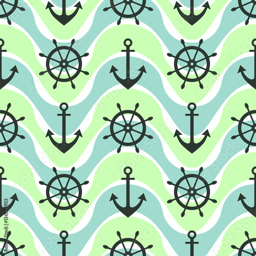 Vector seamless pattern with anchor, steering wheel. Symmetrical background, nautical theme. Graphic illustration. Template for wrapping, backgrounds, fabric, prints, decor, surface
