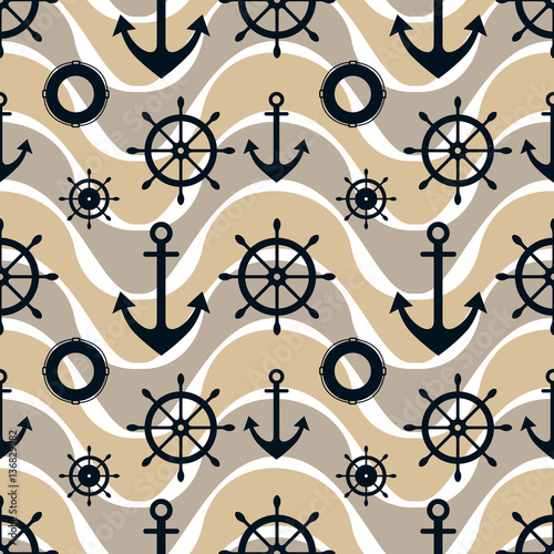Vector seamless pattern with anchor, steering wheel. Symmetrical background, nautical theme. Graphic illustration. Template for wrapping, backgrounds, fabric, prints, decor, surface