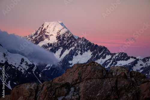 Scenic sunset view of Mt Cook with colorful sky, NZ