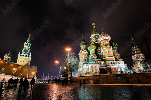 Night city view of Moscow Kremlin, Saint Basil's Cathedral and Red Square at winter in Moscow, Russia.