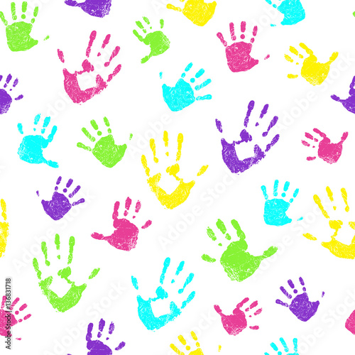 Seamless pattern with bright and colorful family handprints on white background. Vector illustration.