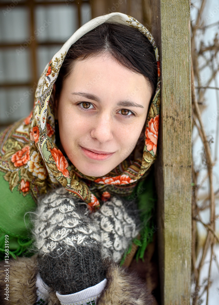 beautiful girl in a traditional Russian scarf Stock Photo | Adobe Stock