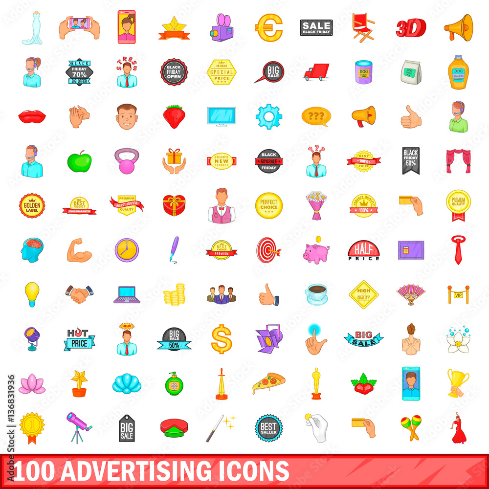 Fototapeta premium 100 advertising icons set, cartoon style