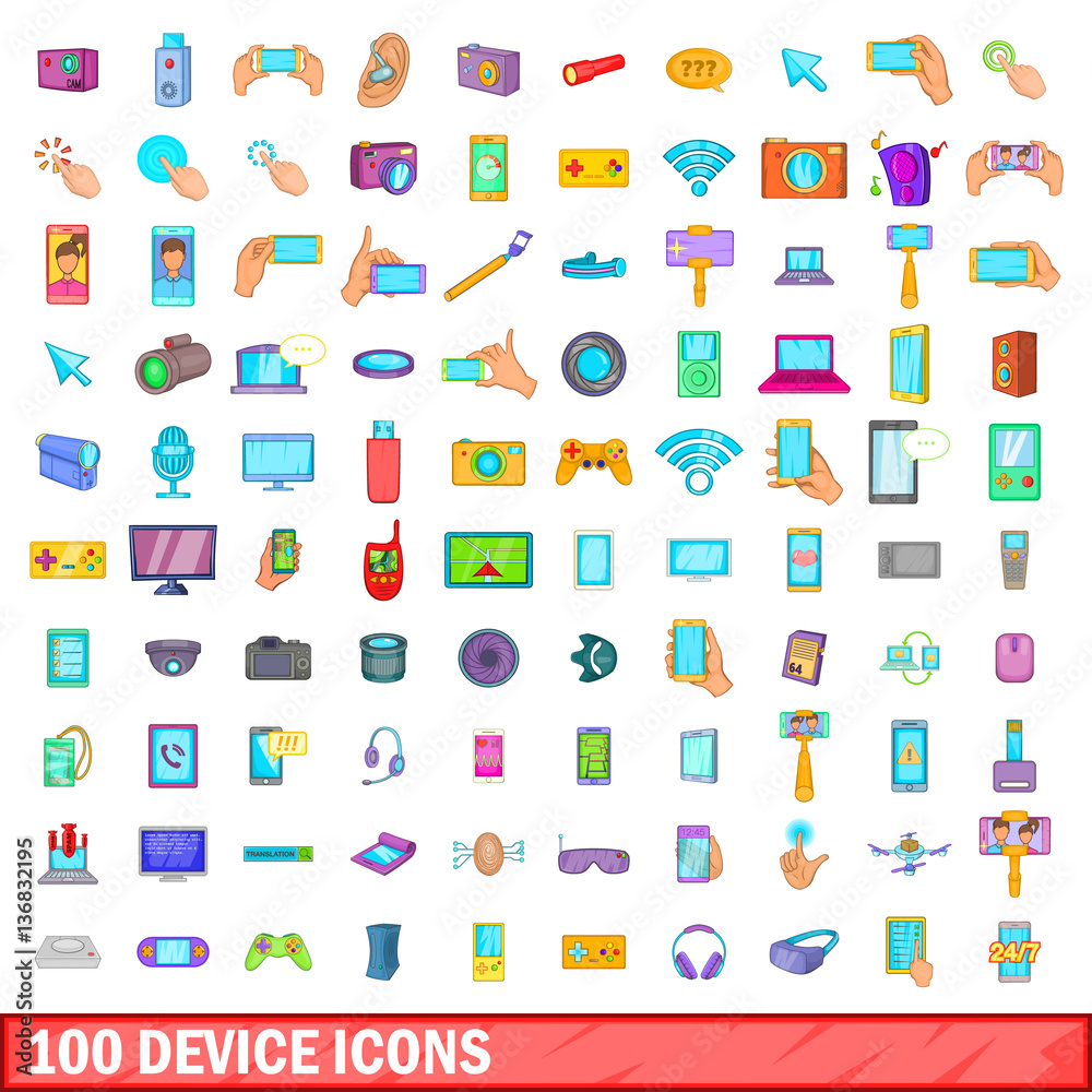 100 device icons set, cartoon style 100 device icons set, cartoon style