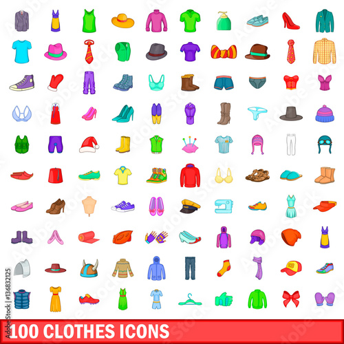 100 clothes icons set, cartoon style