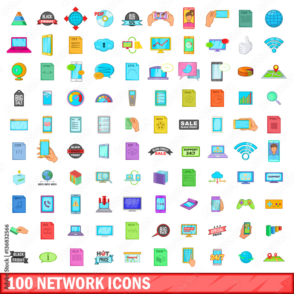 100 network icons set, cartoon style