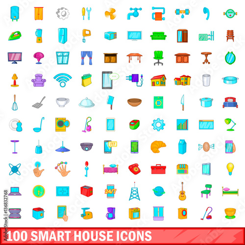 100 smart house icons set, cartoon style