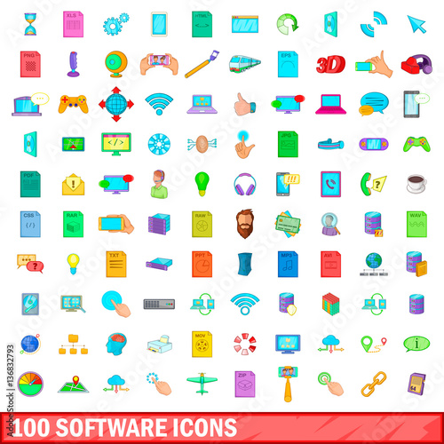 100 software icons set, cartoon style