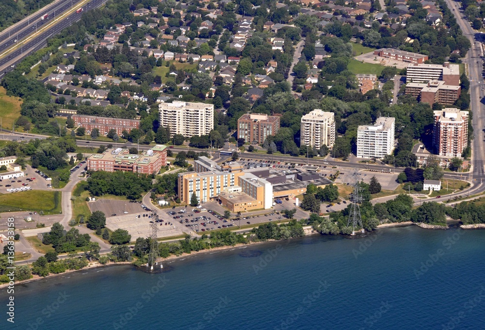 aerial view of the shoreline near the hospital in Burlington Ontario Canada 