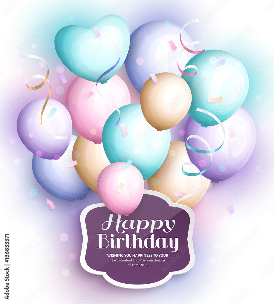 Happy birthday greeting card. Retro vintage pastel party balloons,  streamers, paper label with stylish lettering. Vector. Stock Vector | Adobe  Stock