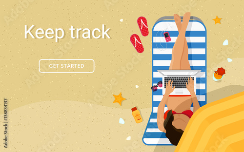 Woman on the beach textured sand and working with laptop in social networks under summer umbrella. Flat illustration top view of people relaxing on the seaside using working, freelancing and typing