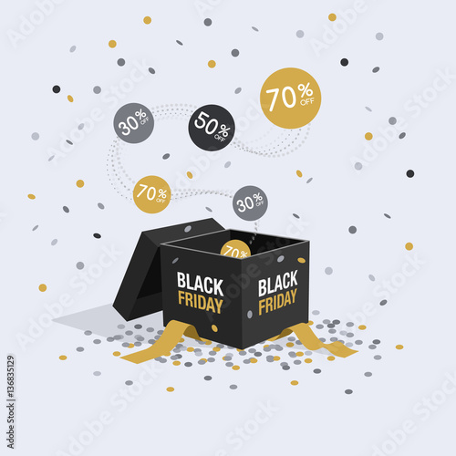 Special offer black friday discount symbol with open gift and flow labels isolated on light blue background. Easy to use for your design with transparent shadows.