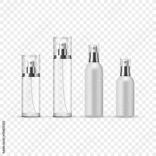 Set of Perfume Spray Bottles in glass and plastic on simple background, vector illustration