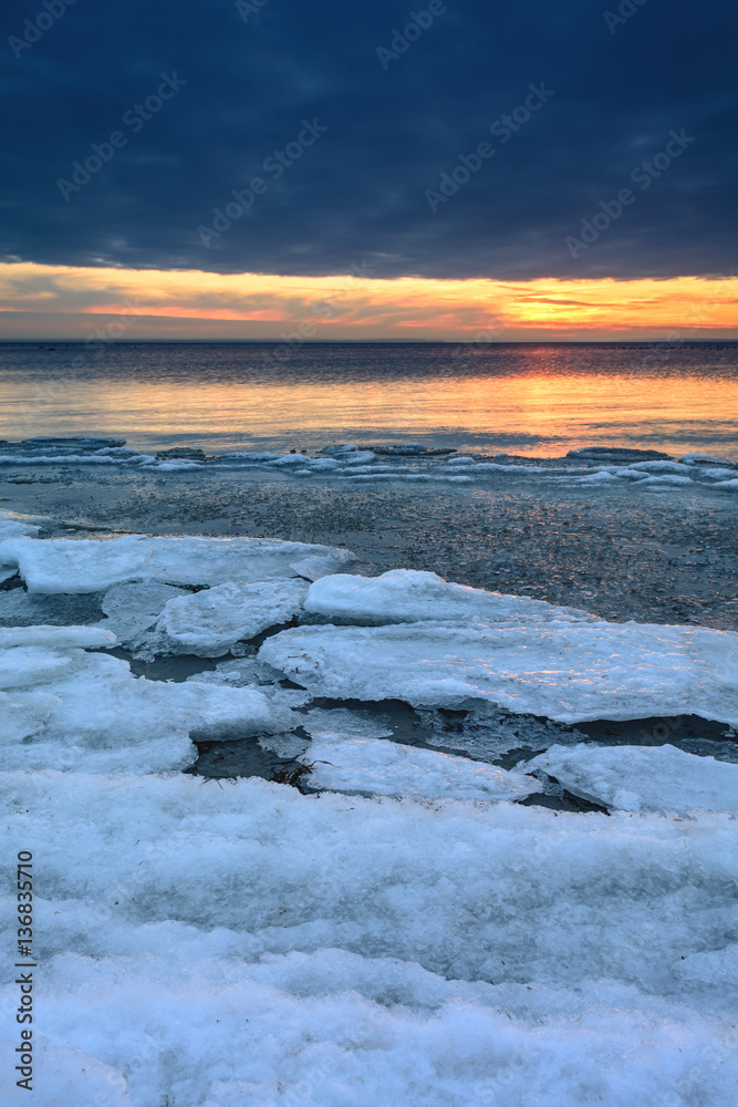 Winter landscape on the Baltic Sea. Cold winter evening in Jastarnia. Poland.