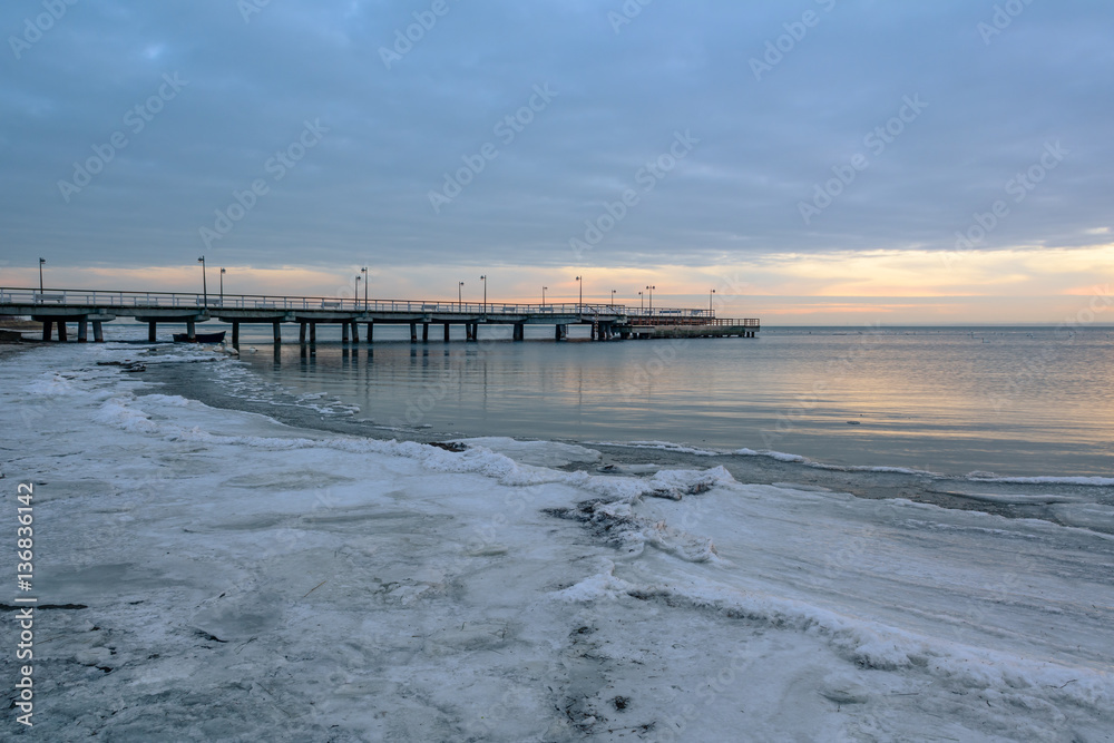 Winter landscape on the Baltic Sea. Cold winter evening in Jastarnia. Poland.
