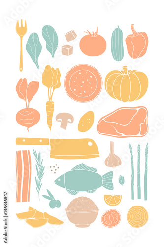 Vector hand drawn food set. Kitchen flat elements. Cooking ingredients