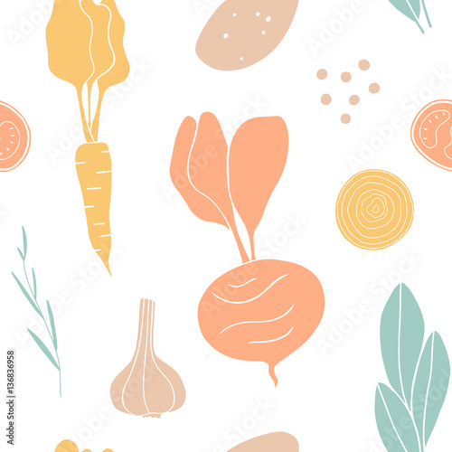Vegetable seamless pattern. Illustrated kitchen background. Colorful elements on white