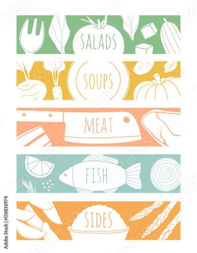 Set of illustrated menu headers. Restaurant menu design. Salad, soup, meat and fish dishes elements