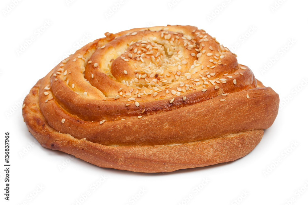 Sweet cinnamon bun roll swirl, isolated on a white background, c Sweet cinnamon bun roll swirl, isolated on a white background, c