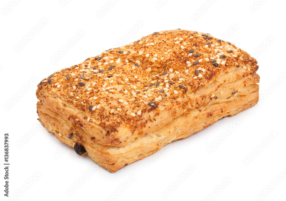 Spicy bun sprinkled with sesame seeds isolated on white Spicy bun sprinkled with sesame seeds isolated on white