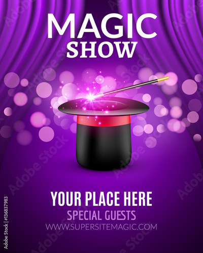 Magic Show poster design template. Magic show flyer design with magic hat and curtains