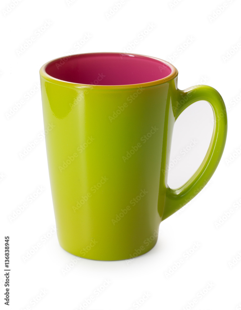 Green and violet cup for coffee or milk isolated on white backgr Green and violet cup for coffee or milk isolated on white backgr