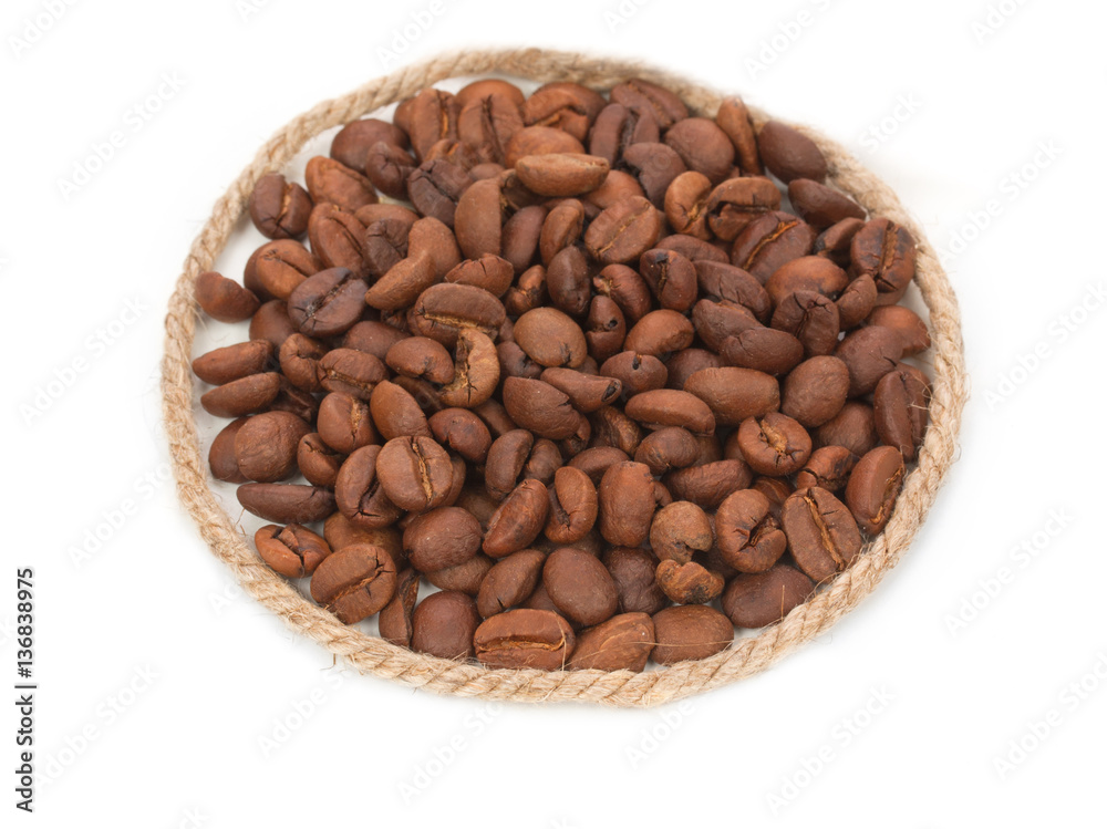 Roasted coffee beans pile from top with decorative rope, twine, Roasted coffee beans pile from top with decorative rope, twine,