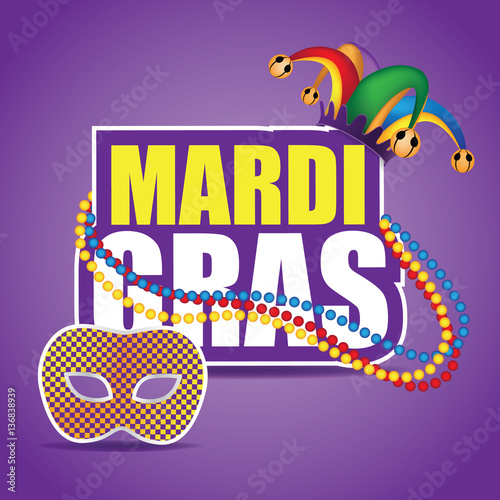 Mardi Gras icon with jester hat, mask and beads of purple. EPS 10 vector.