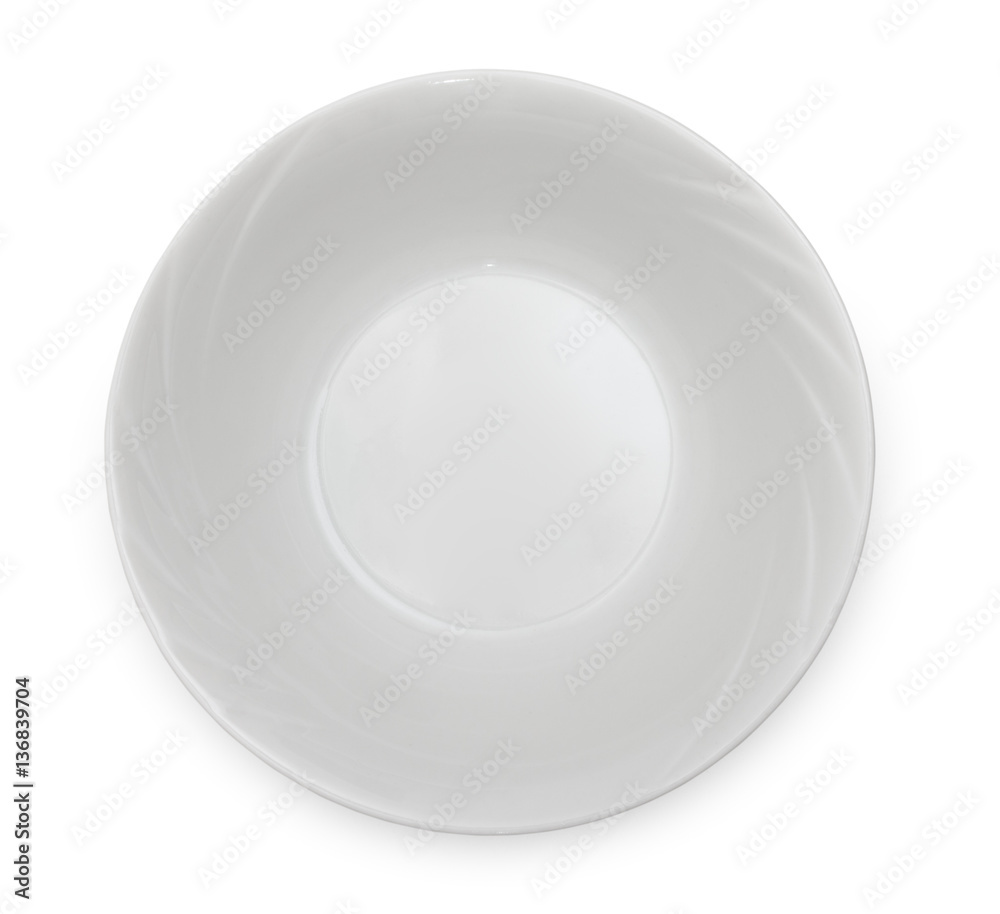 Empty ceramic bowl isolated on white background. Close up, top v Empty ceramic bowl isolated on white background. Close up, top v